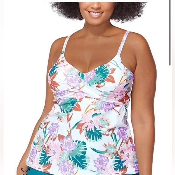 RAISINS CURVE Plus Size Printed Buzios Aries Twist-Front Tankini Swim Top - Picture 1 of 11